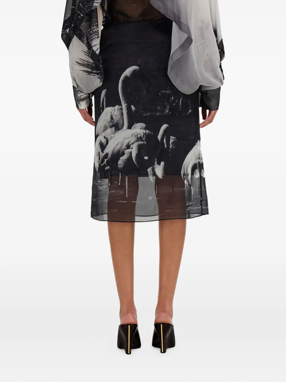 Ferragamo Flamingo-print Georgette Midi Skirt In Gray