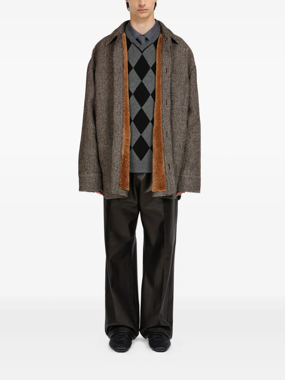 Ferragamo Herringbone Long-sleeve Shirt Jacket In Brown