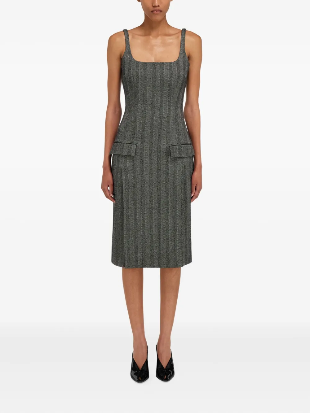 Ferragamo Midi-jurk met visgraatpatroon en vierkante hals - Grijs