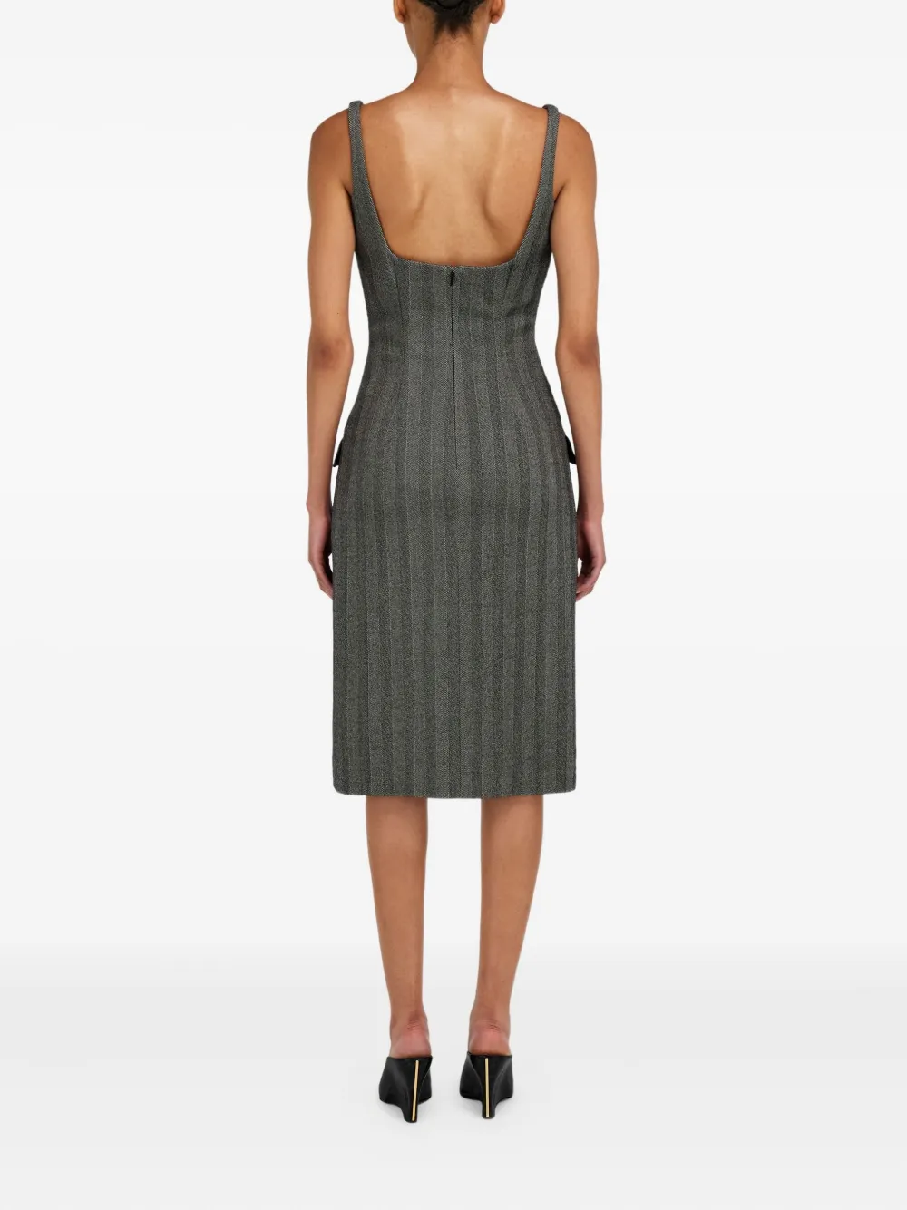 Ferragamo Midi-jurk met visgraatpatroon en vierkante hals Grijs