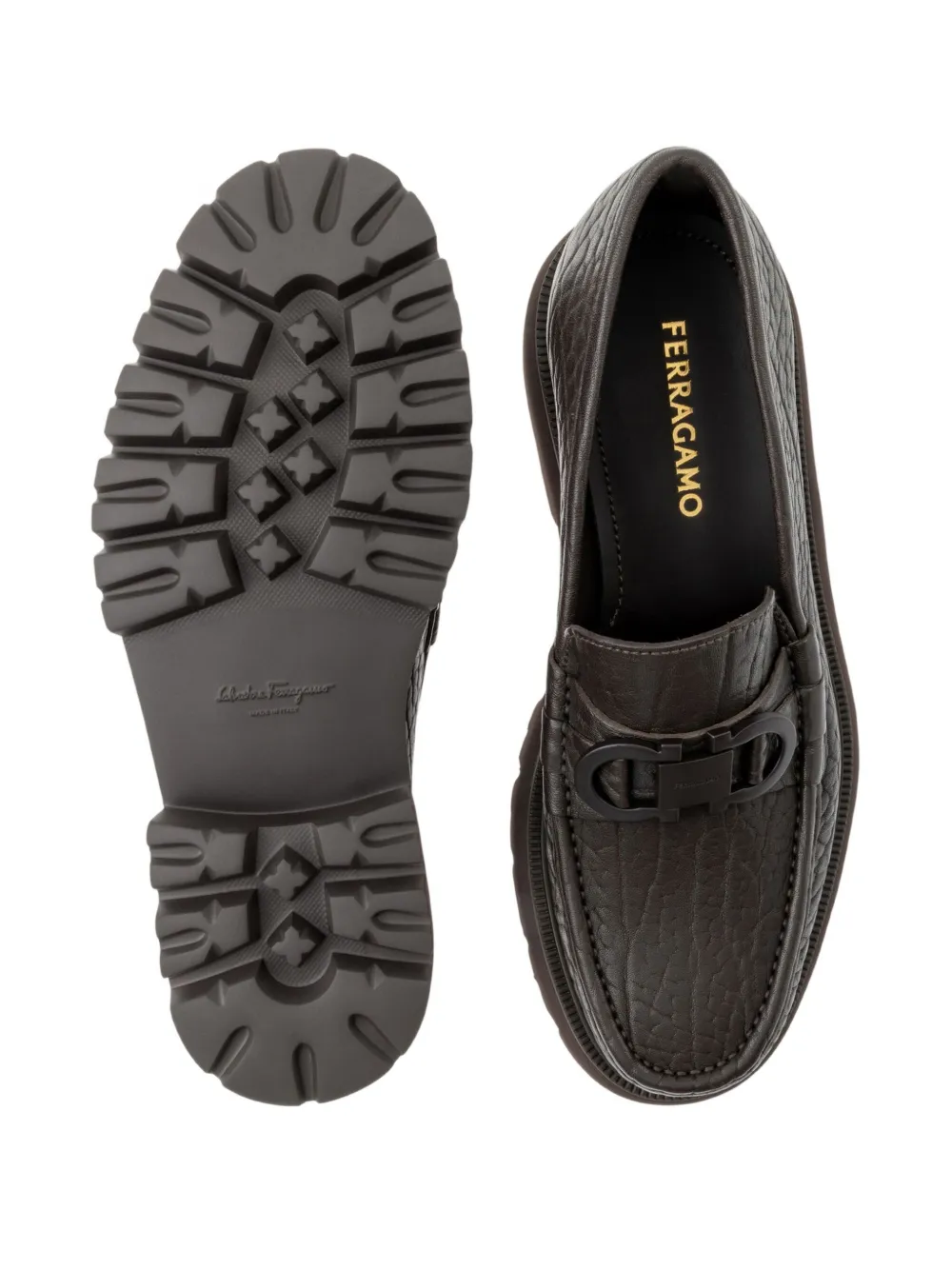 Ferragamo Gancini detailed textured-leather loafers Brown