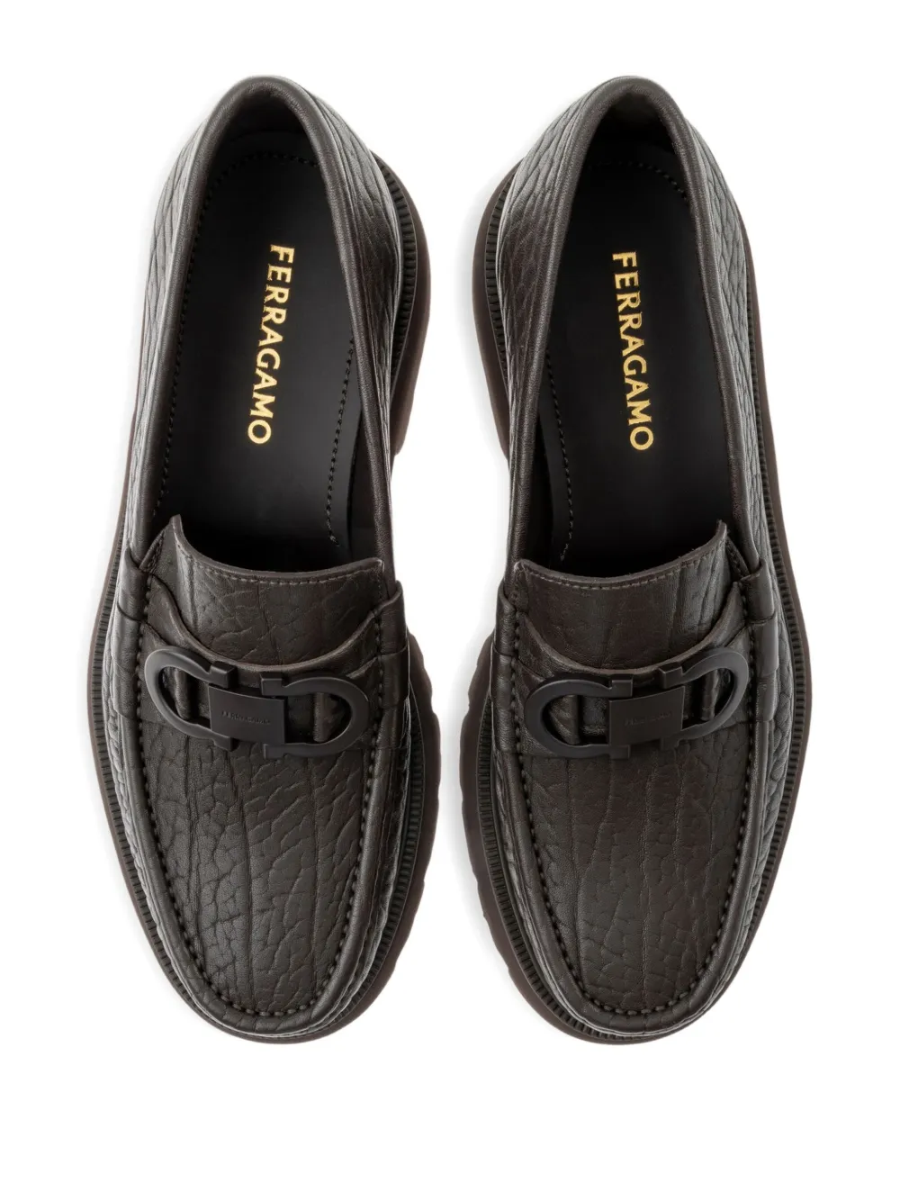 Ferragamo Gancini detailed textured-leather loafers Brown