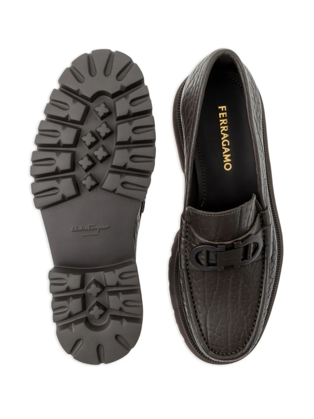 Ferragamo Gancini detailed textured-leather loafers Brown