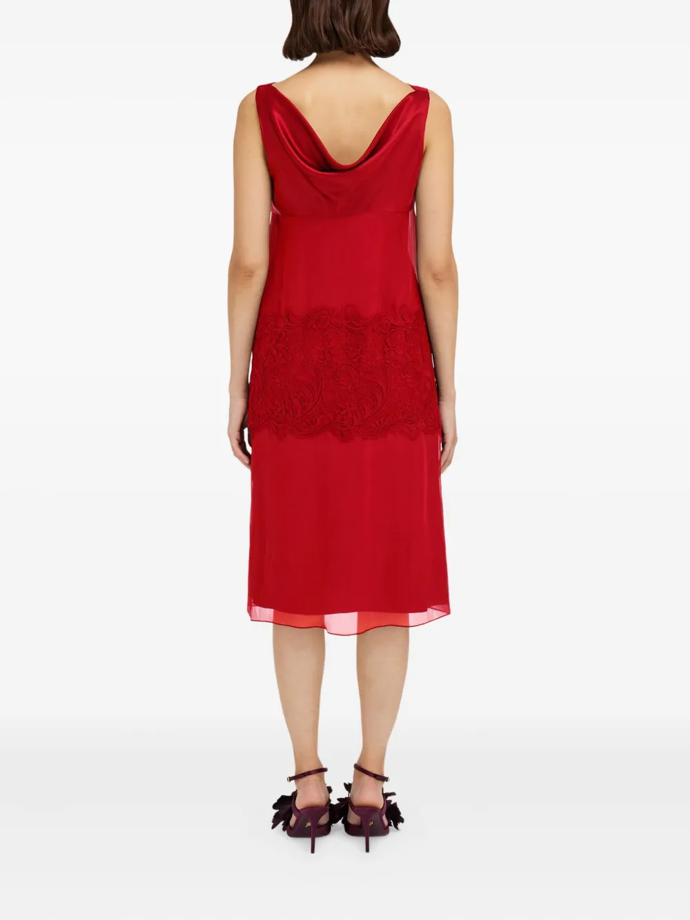 Ferragamo Cowl-neck Lace-insert Midi Dress In Red