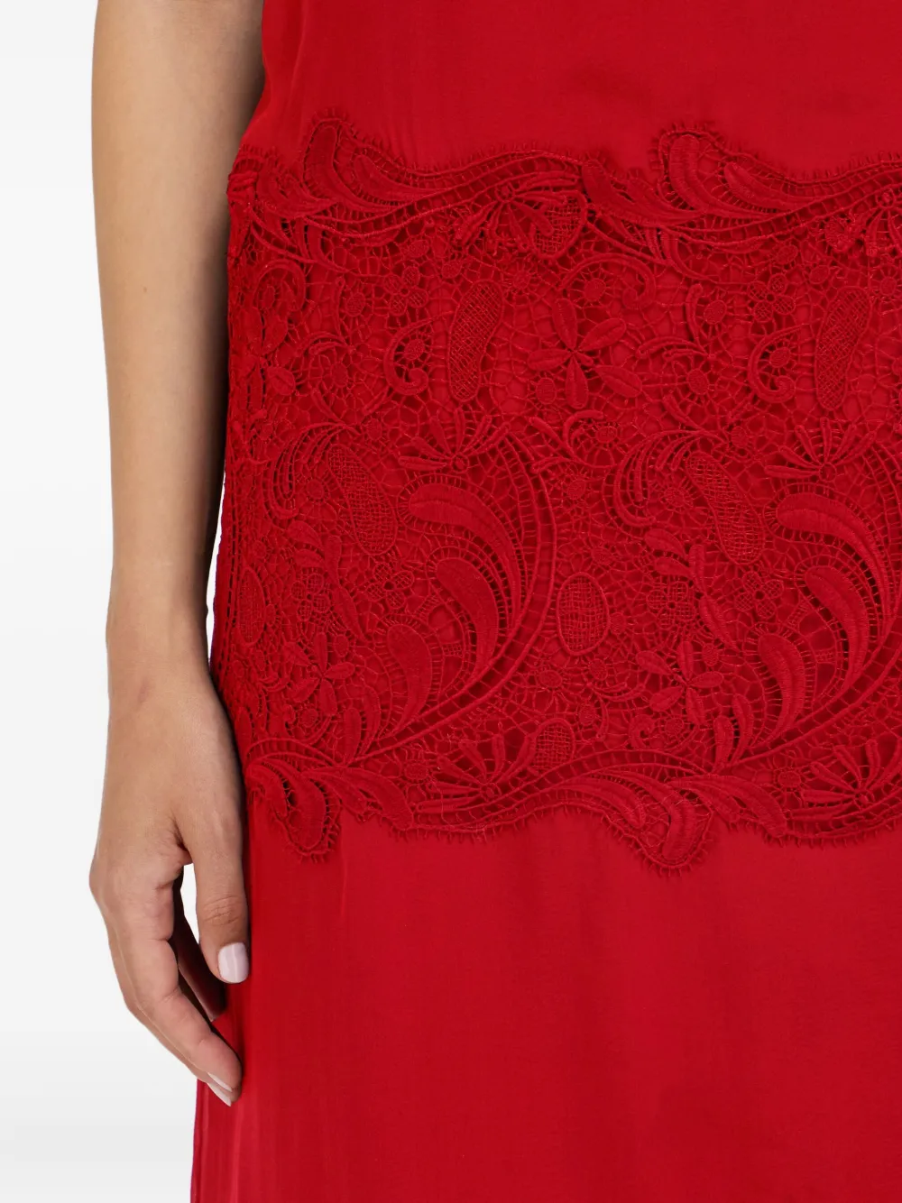 Ferragamo Cowl-neck Lace-insert Midi Dress In Red