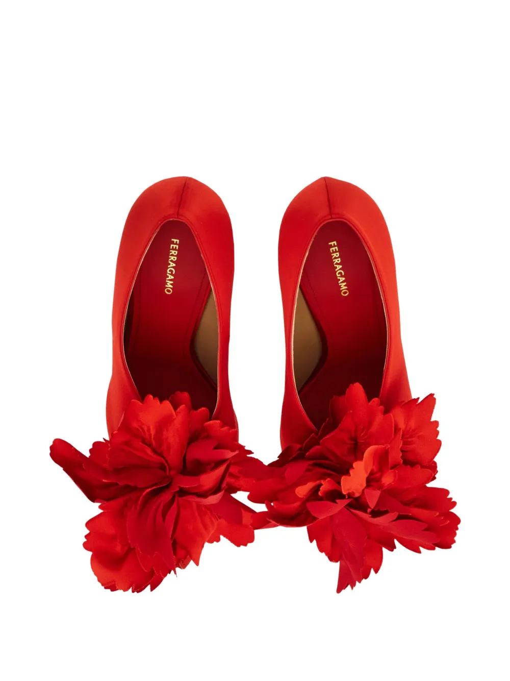 Ferragamo 90mm flower-appliqué satin pumps Red