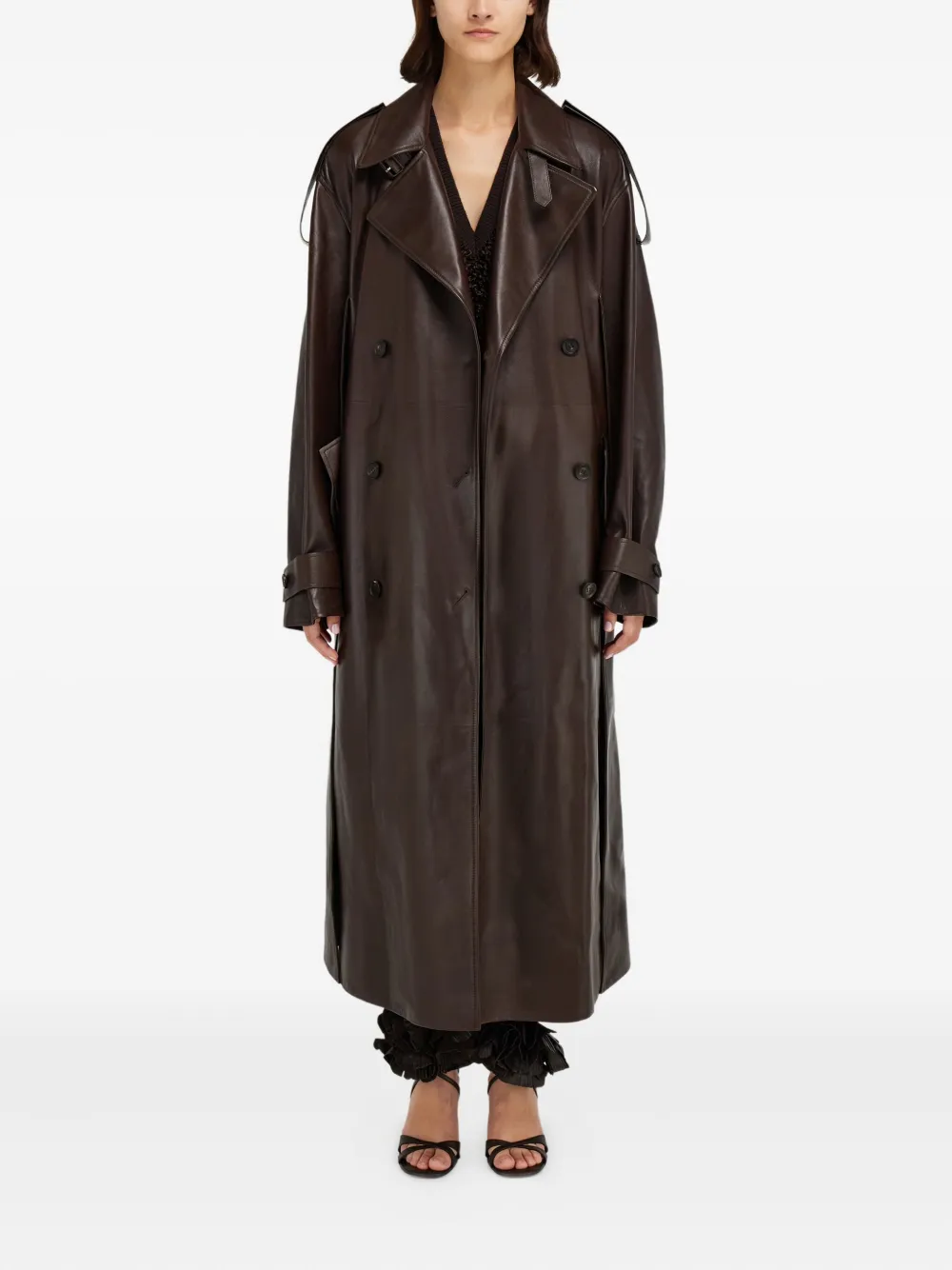 Ferragamo Belted Leather Trench Coat In Brown
