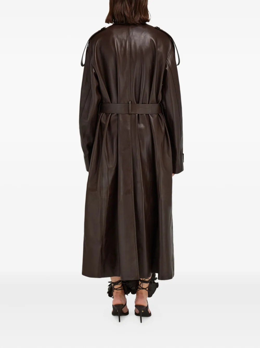 Ferragamo Belted Leather Trench Coat In Brown