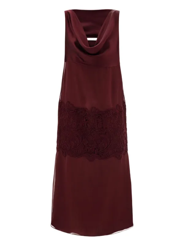 Ferragamo Cowl-neck Lace-insert Midi Dress in Red