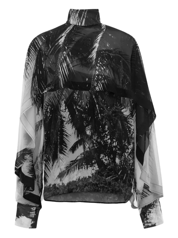Ferragamo Palm-tree Print High-neck Shirt in Grey