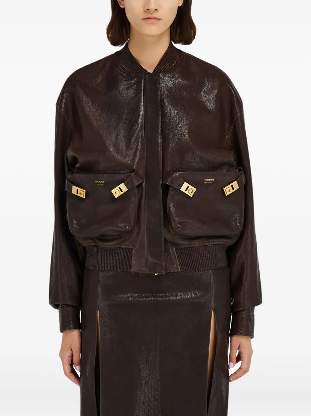 Ferragamo Ribbed-trim Patch-pocket Bomber Jacket In Brown