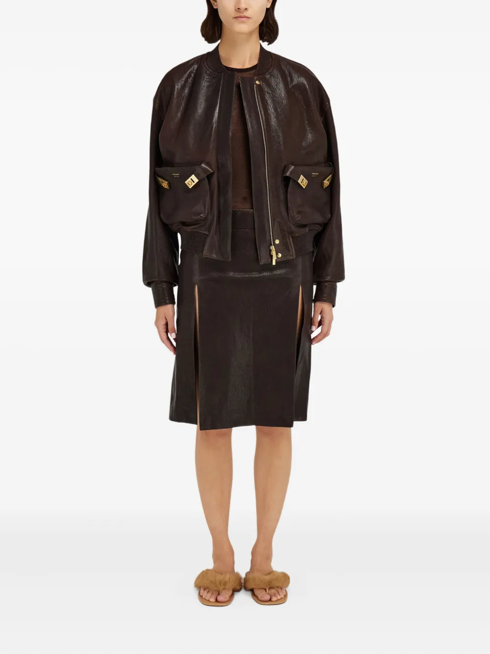 Ferragamo Ribbed-trim Patch-pocket Bomber Jacket In Brown