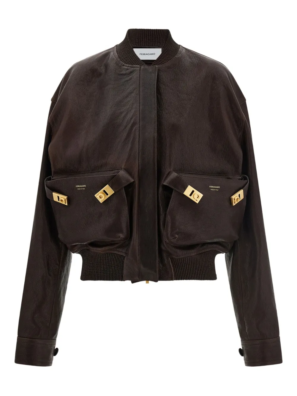 Ferragamo Ribbed-trim Patch-pocket Bomber Jacket In Brown