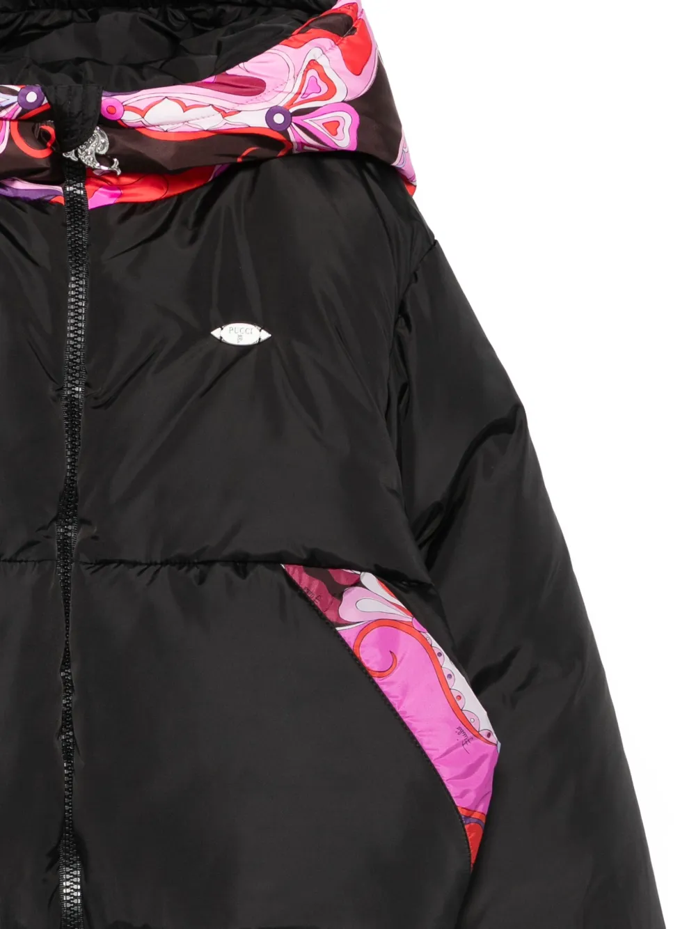 PUCCI Junior paisley-print hooded puffer jacket Zwart
