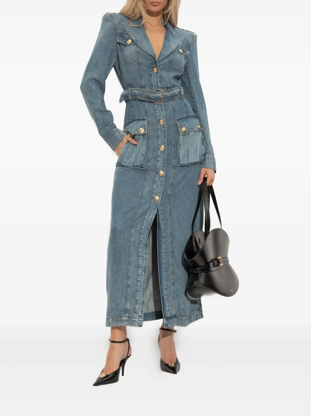 Balmain belted denim maxi dress Blauw