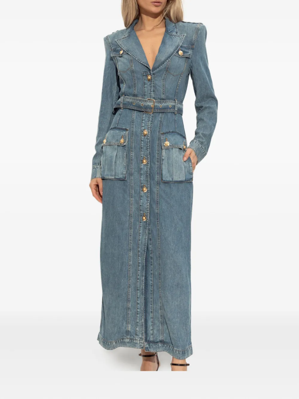 Balmain belted denim maxi dress Blauw