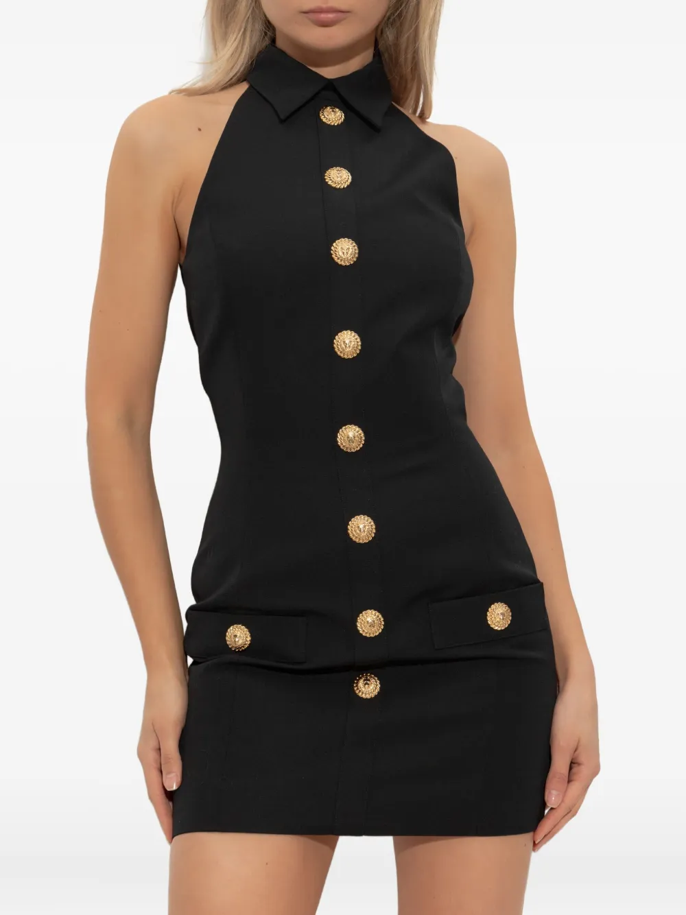 Balmain halterneck buttoned mini dress Zwart