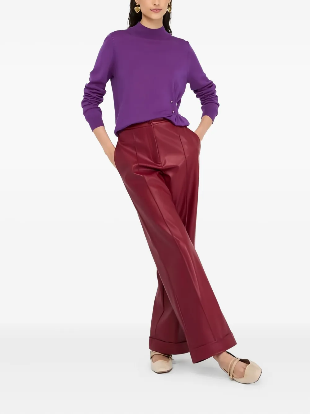 Liu •jo Gathered Beaded Wool Sweater In Purple