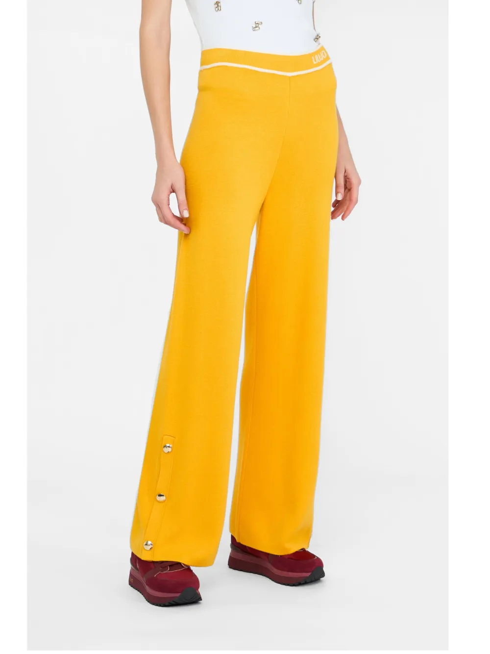 LIU JO logo-waistband button-detail straight trousers Geel