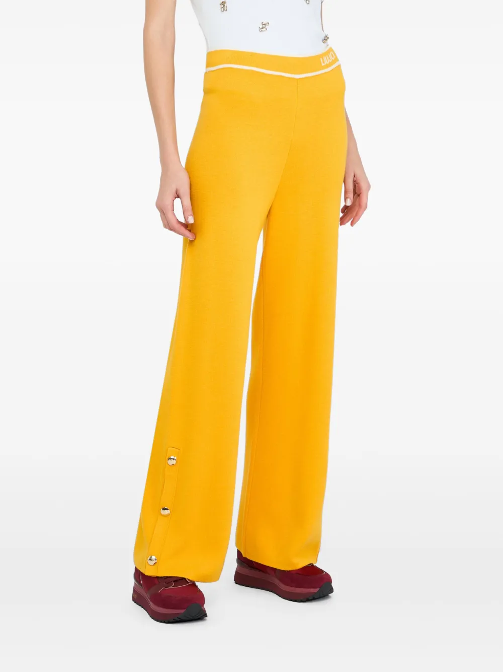 LIU JO Straight broek met logoband en knoopdetail - Geel