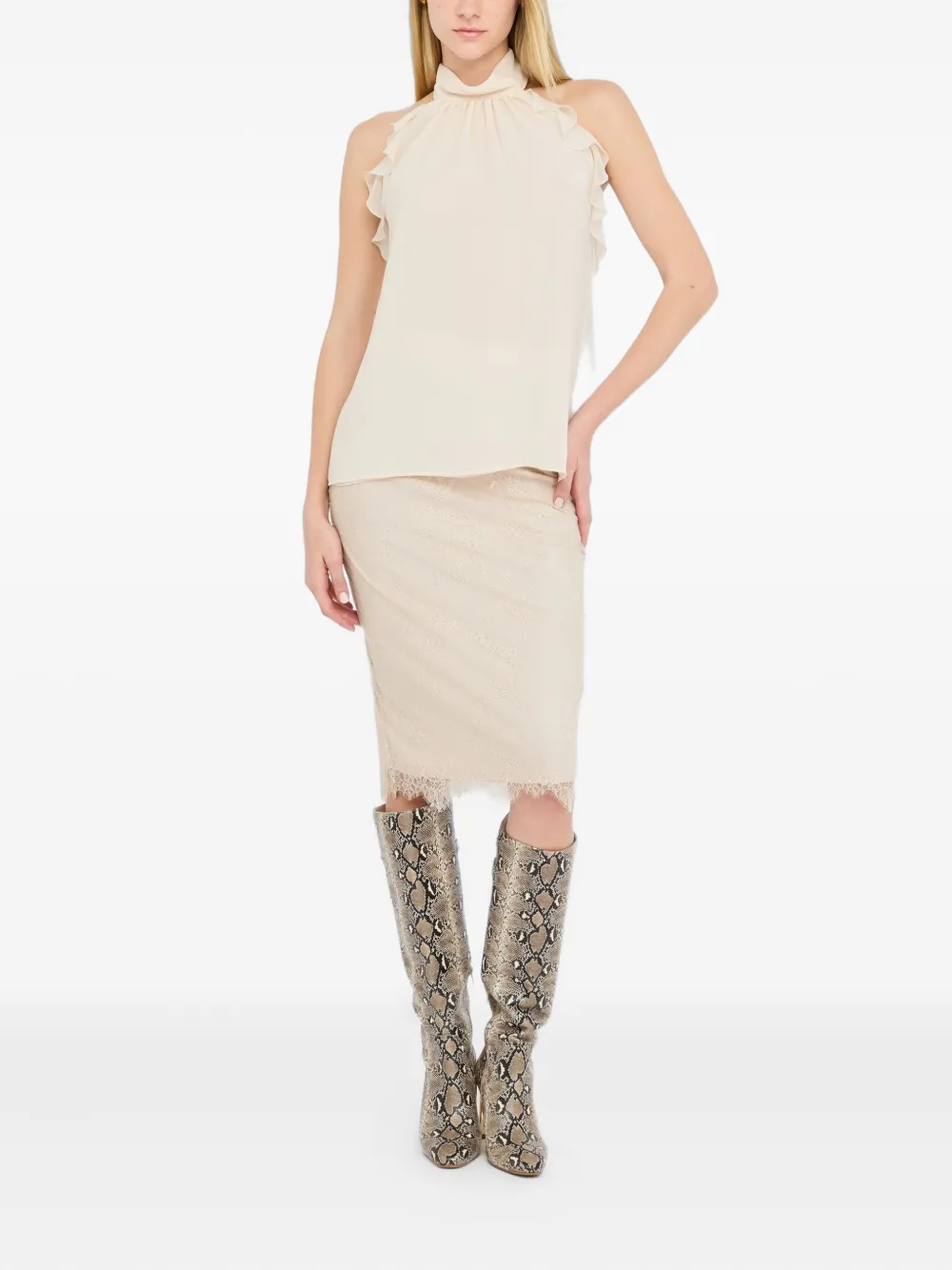 LIU JO Midi-rok met gewelfde afwerking en kant Beige
