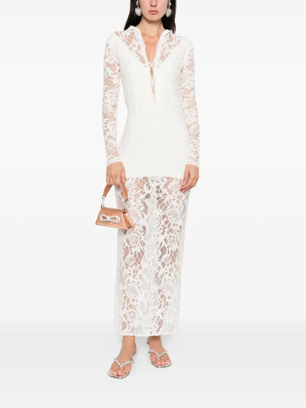 MANURI Sage maxi-jurk met lange mouwen en kant - Wit