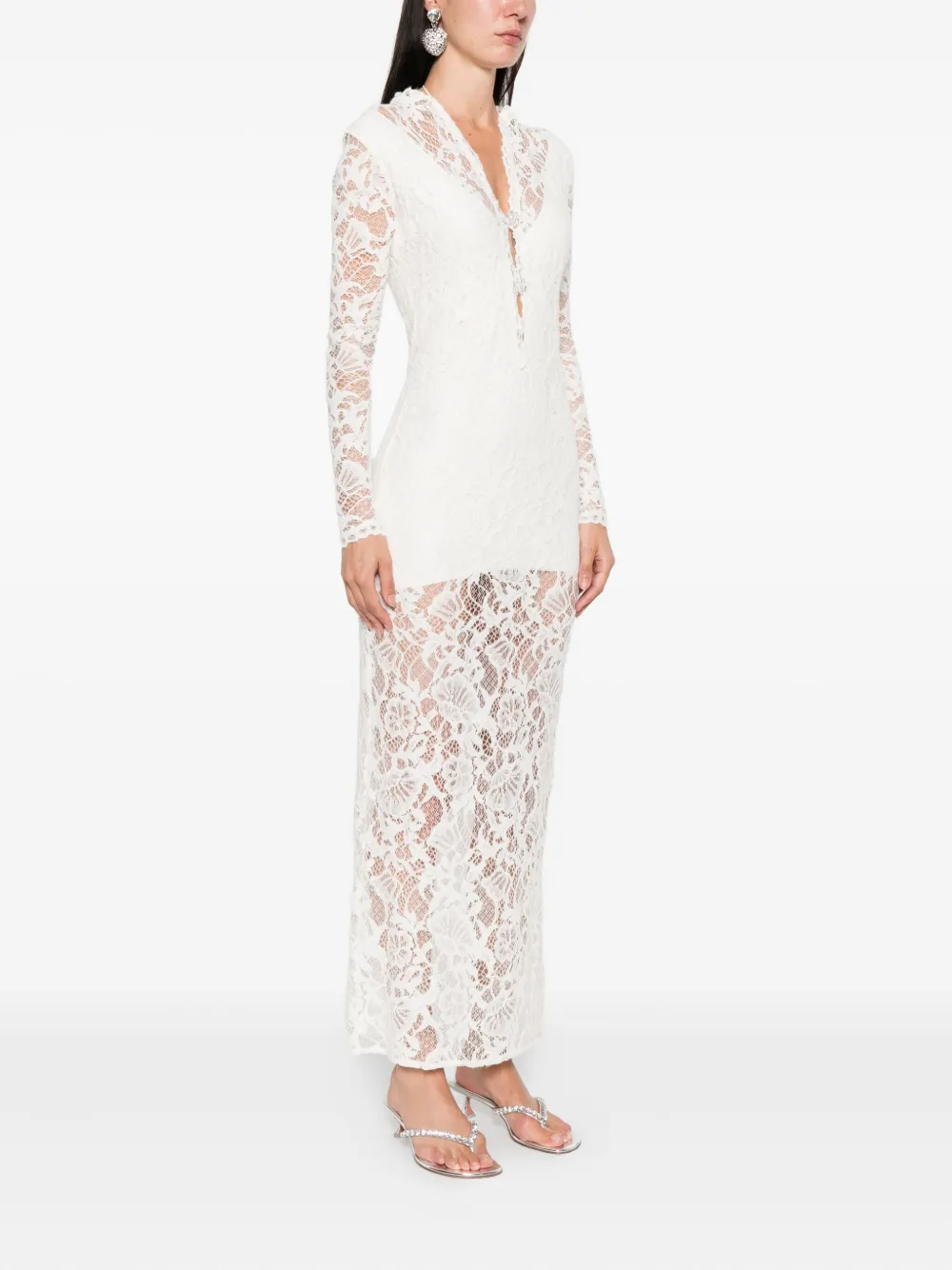 MANURI Sage maxi-jurk met lange mouwen en kant Wit