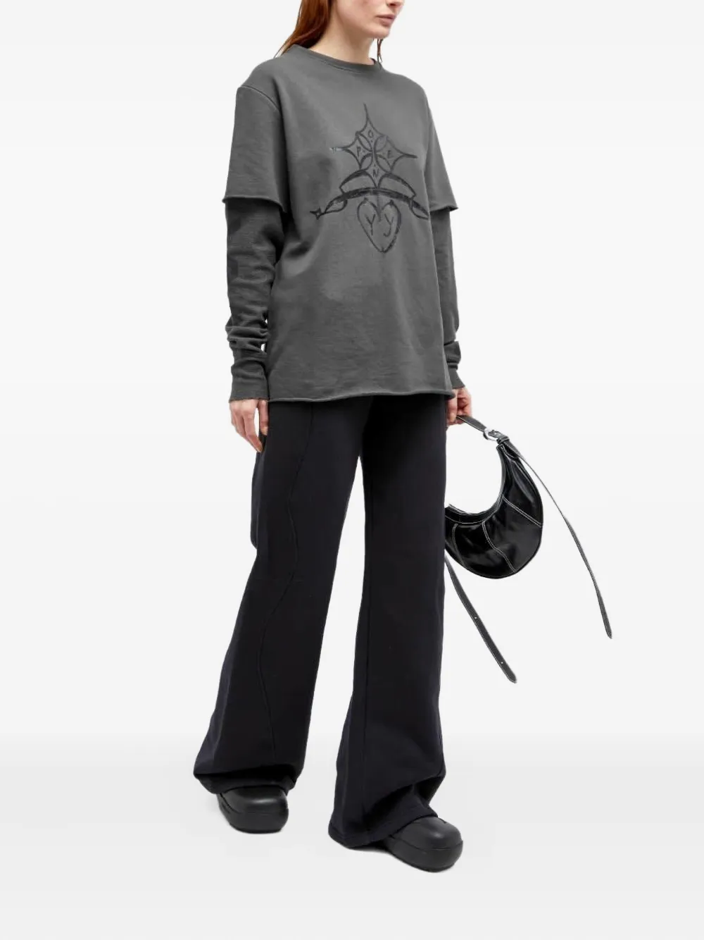 Open Yy Graphic-print Layered-sleeve Top In Gray