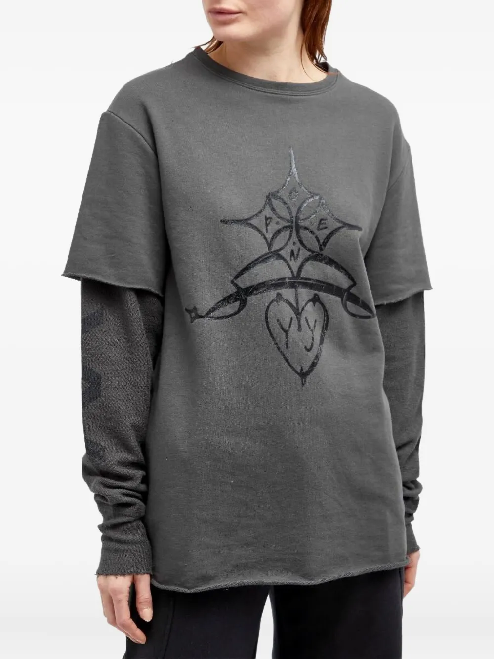 Open Yy Graphic-print Layered-sleeve Top In Gray