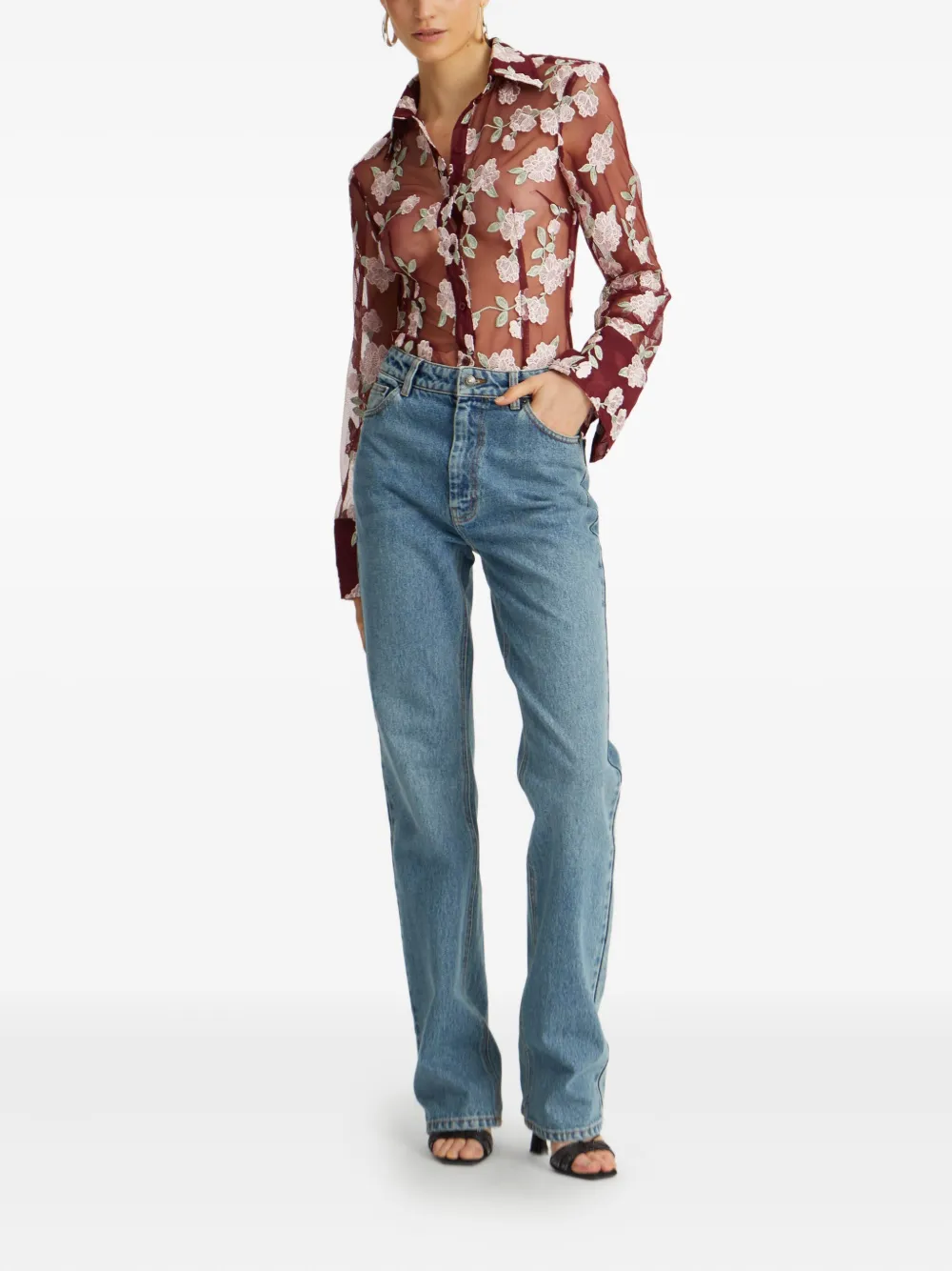 ROTATE BIRGER CHRISTENSEN Mesh blouse met geborduurde bloemen Rood