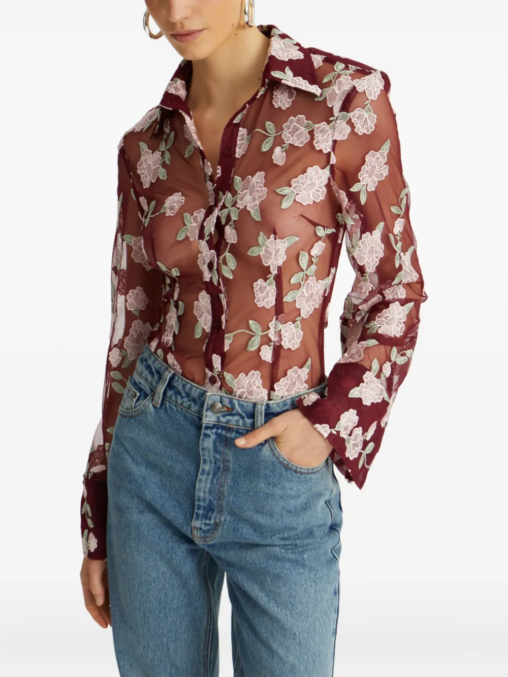 ROTATE BIRGER CHRISTENSEN Mesh blouse met geborduurde bloemen Rood