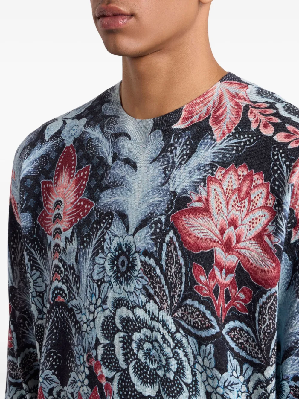 ETRO floral-print crew-neck sweater Blauw