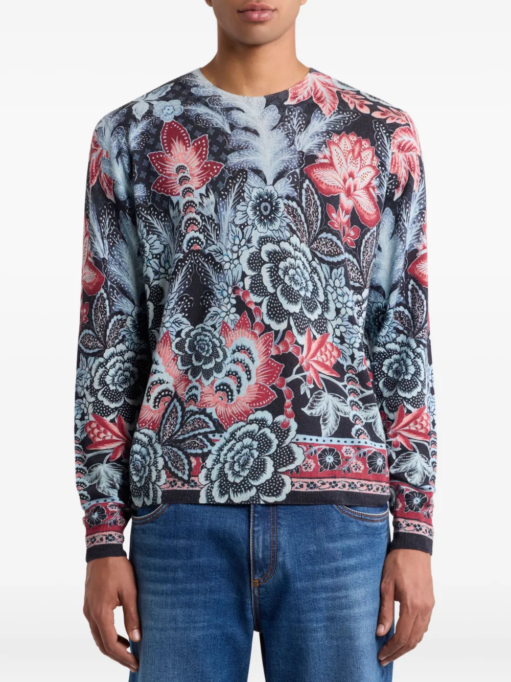 ETRO floral-print crew-neck sweater Blauw