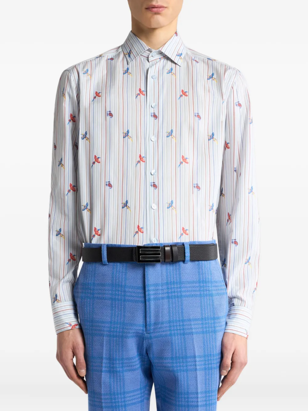 ETRO bird-print striped shirt Blauw