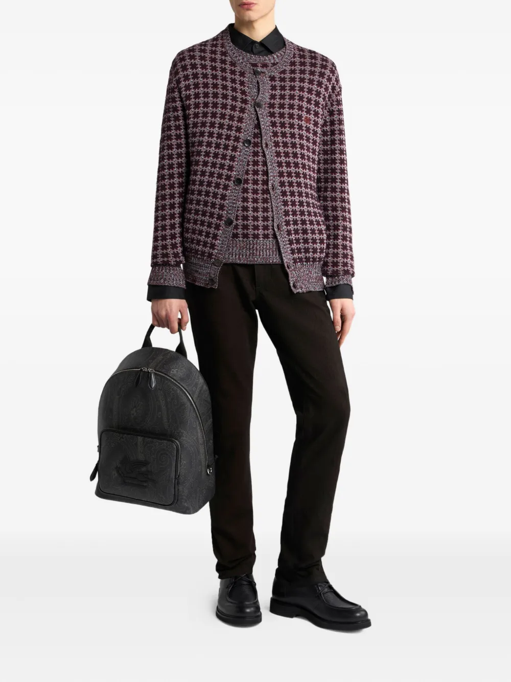 ETRO Pegaso-embroidered geometric-pattern cardigan Bruin