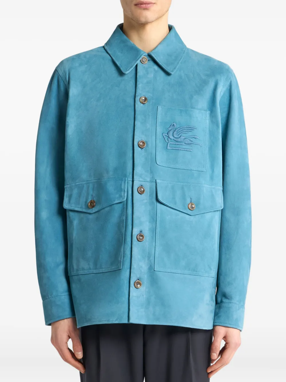ETRO Suède shirtjack met geborduurde Pegasus Blauw