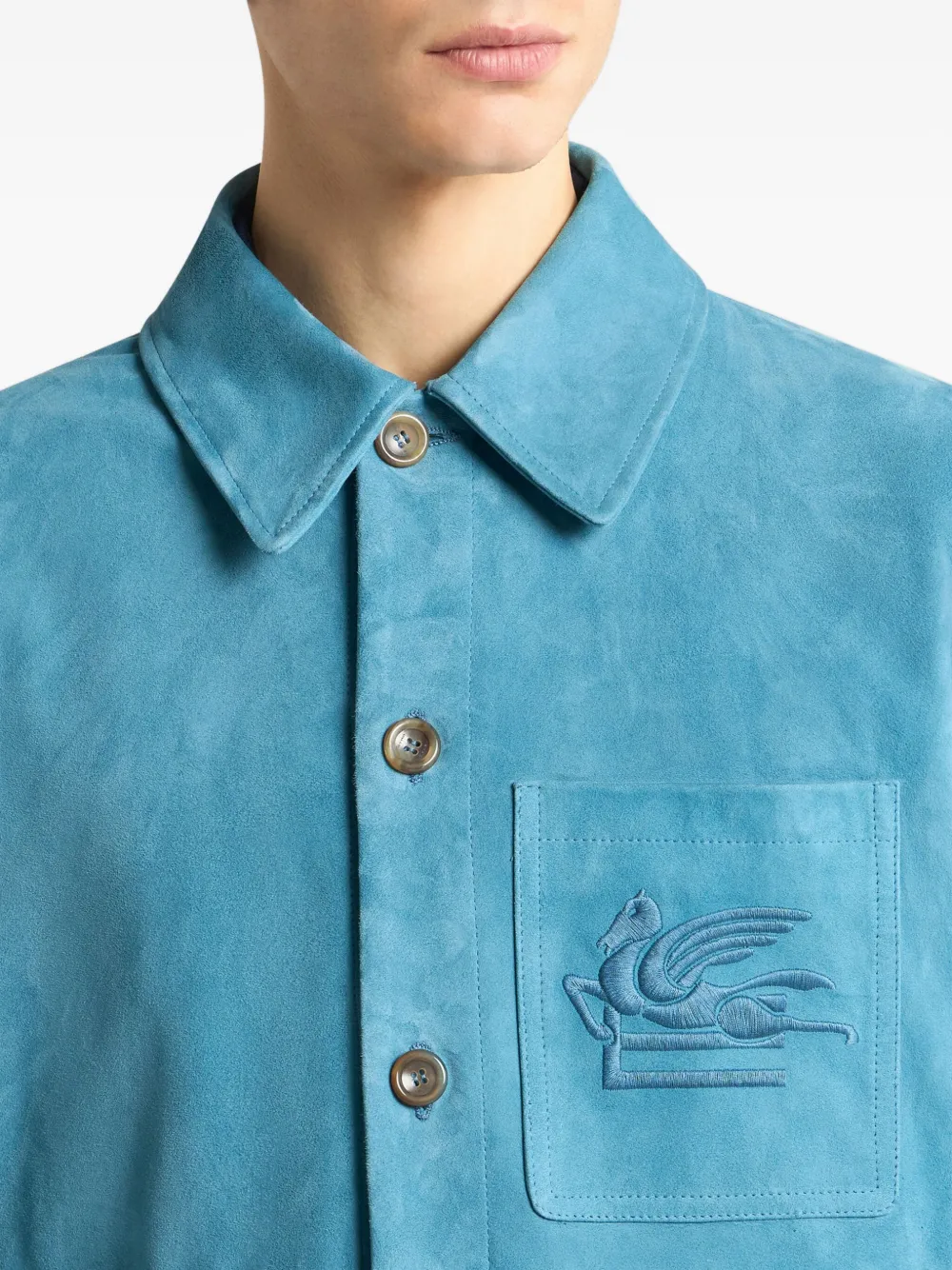 ETRO Suède shirtjack met geborduurde Pegasus Blauw