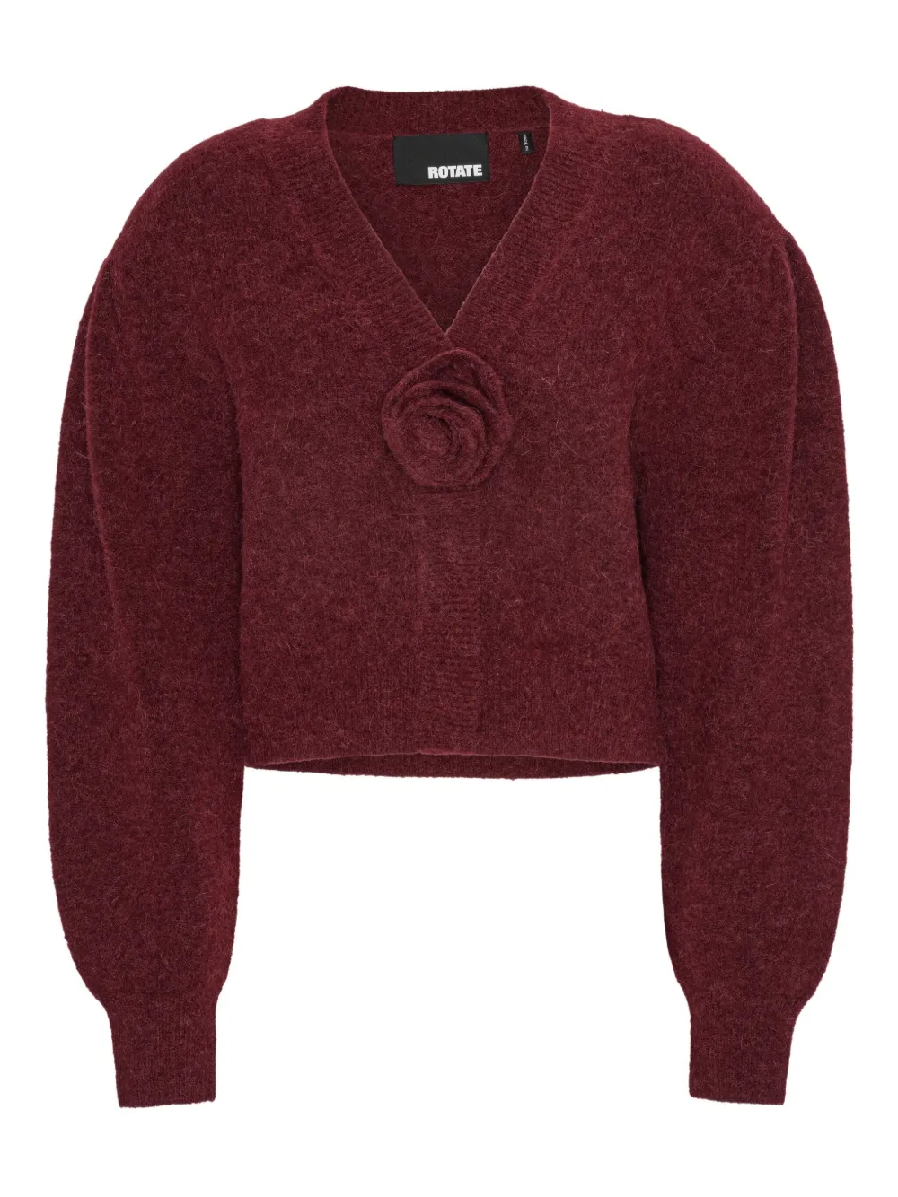 Rotate Birger Christensen Rose-embellished Puff-sleeve Cardigan In Burgundy
