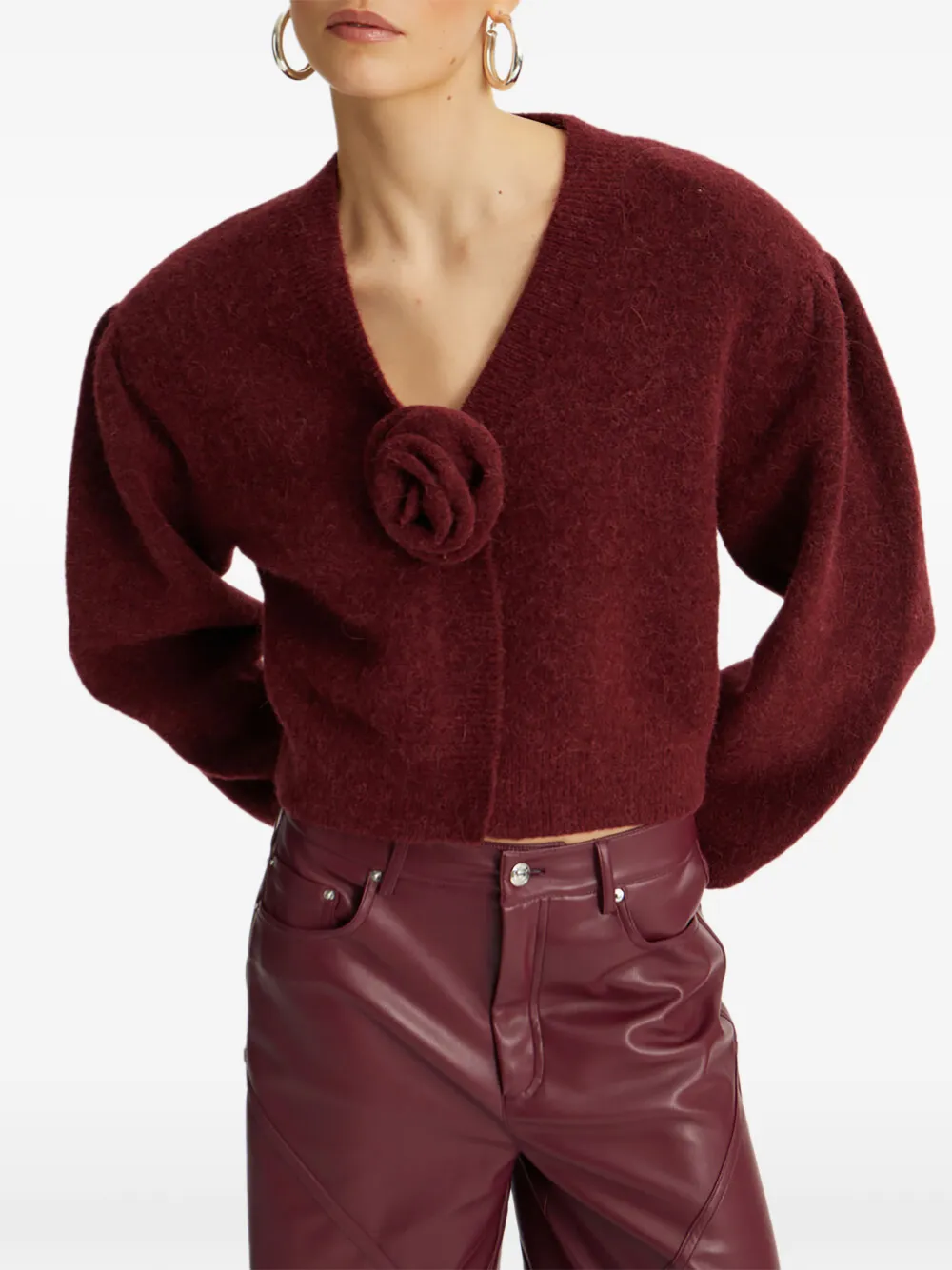 Rotate Birger Christensen Rose-embellished Puff-sleeve Cardigan In Burgundy