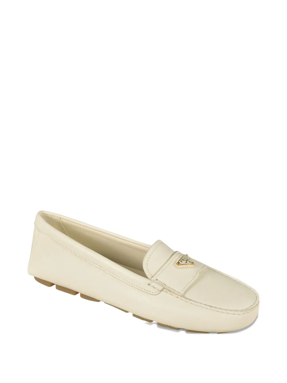Prada leather logo-plaque loafers Beige