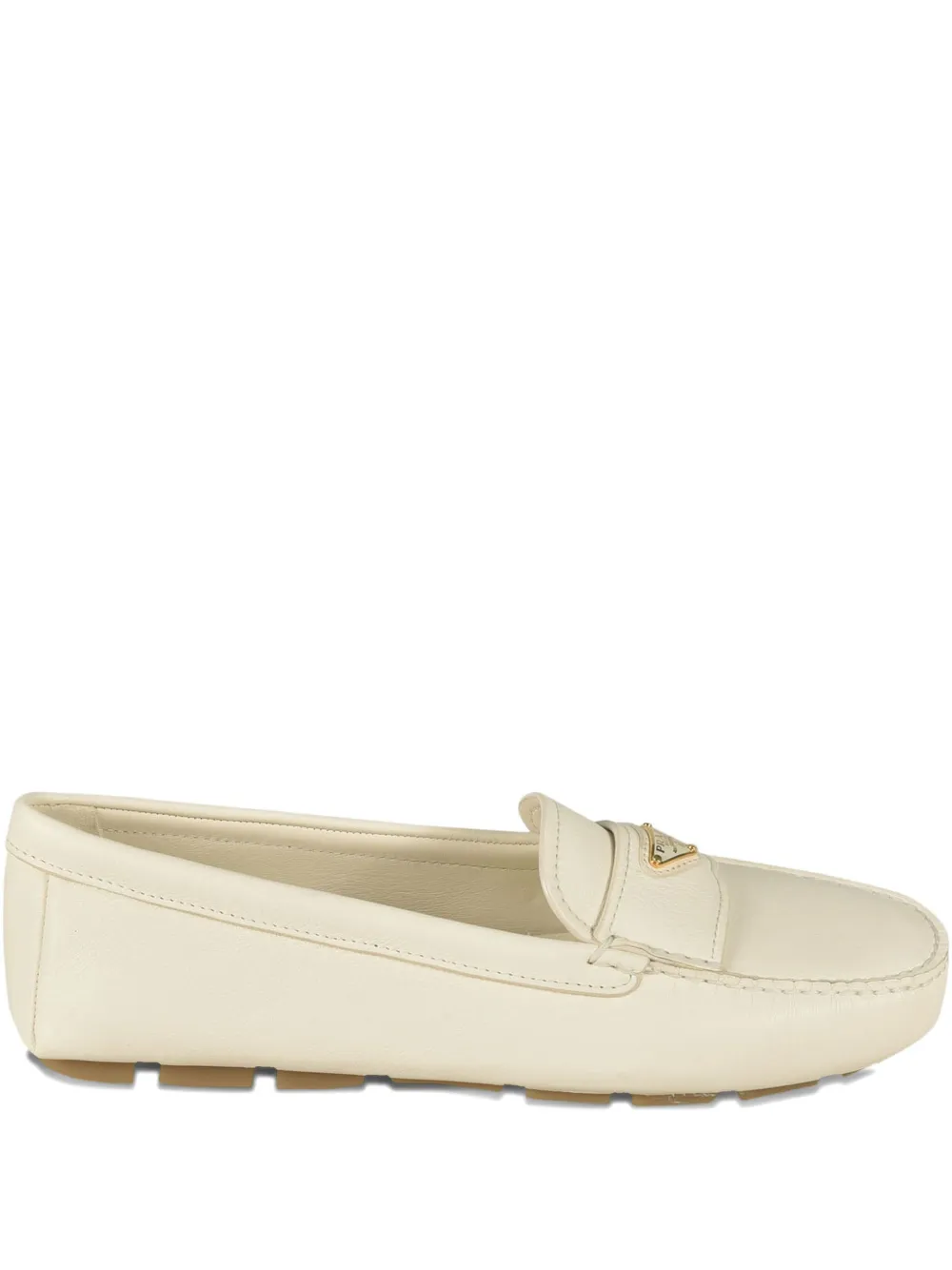 Prada leather logo-plaque loafers Beige