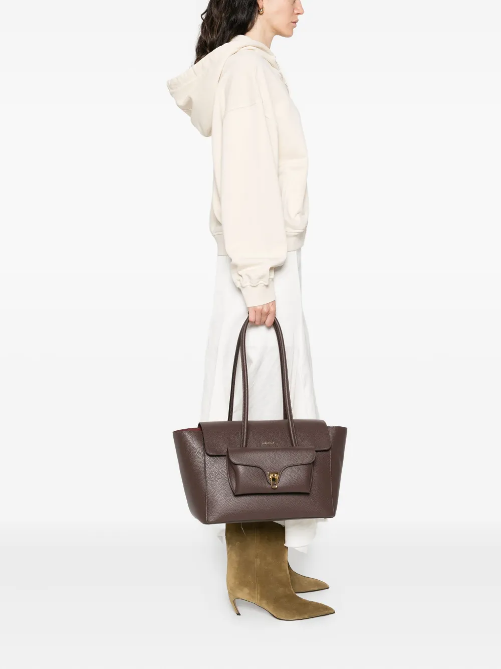 Coccinelle Double Beat leather tote bag Bruin