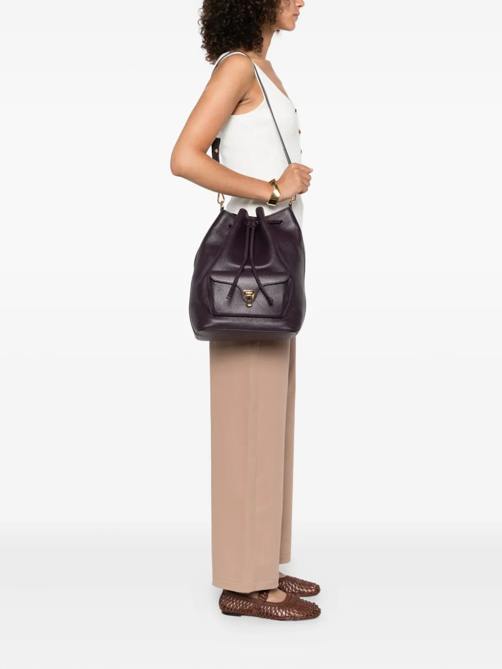 Coccinelle large Beat Generation drawstring leather bucket bag Paars