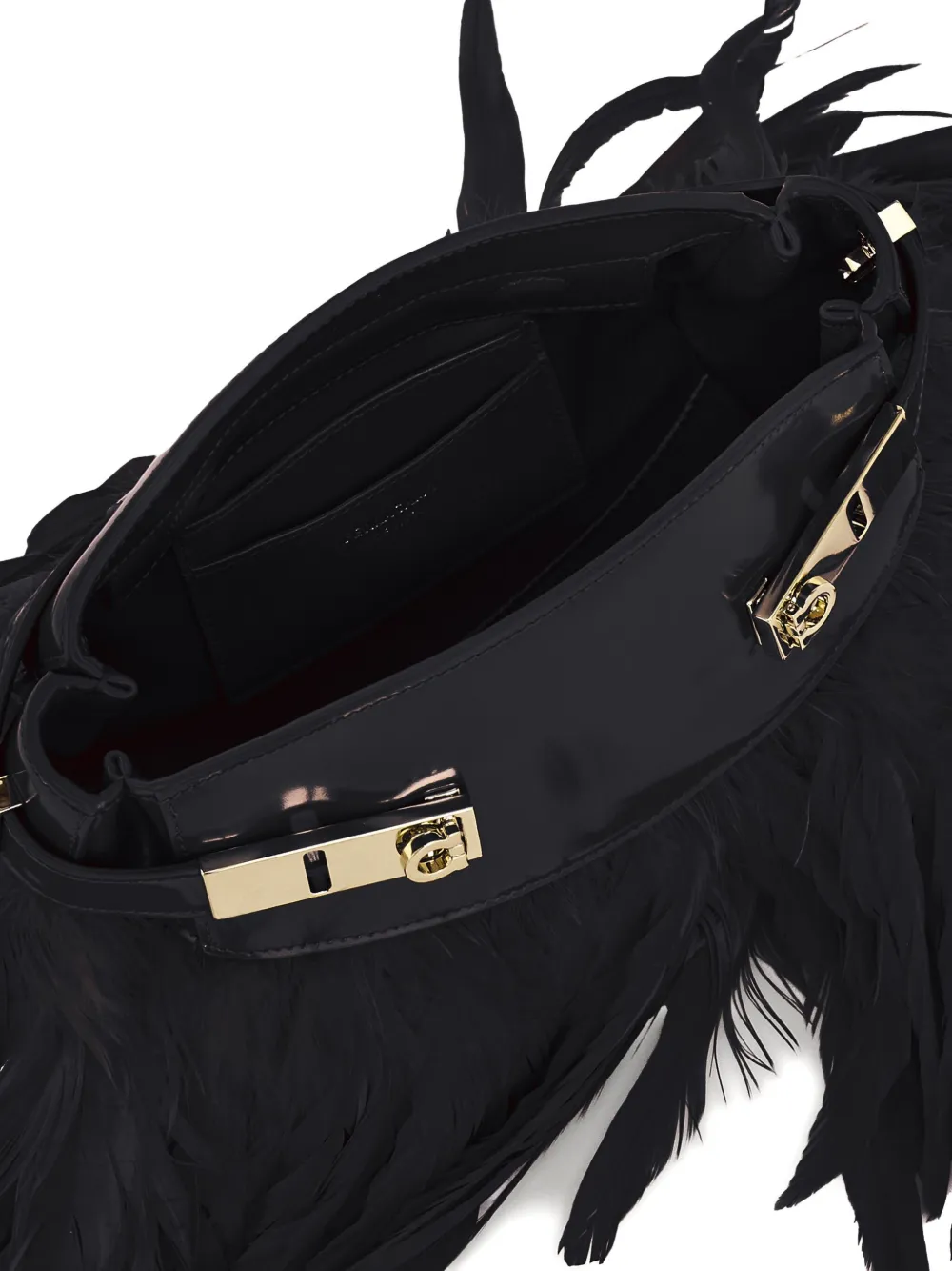 Ferragamo Hug Feather-trimmed Cross Body Bag In Black