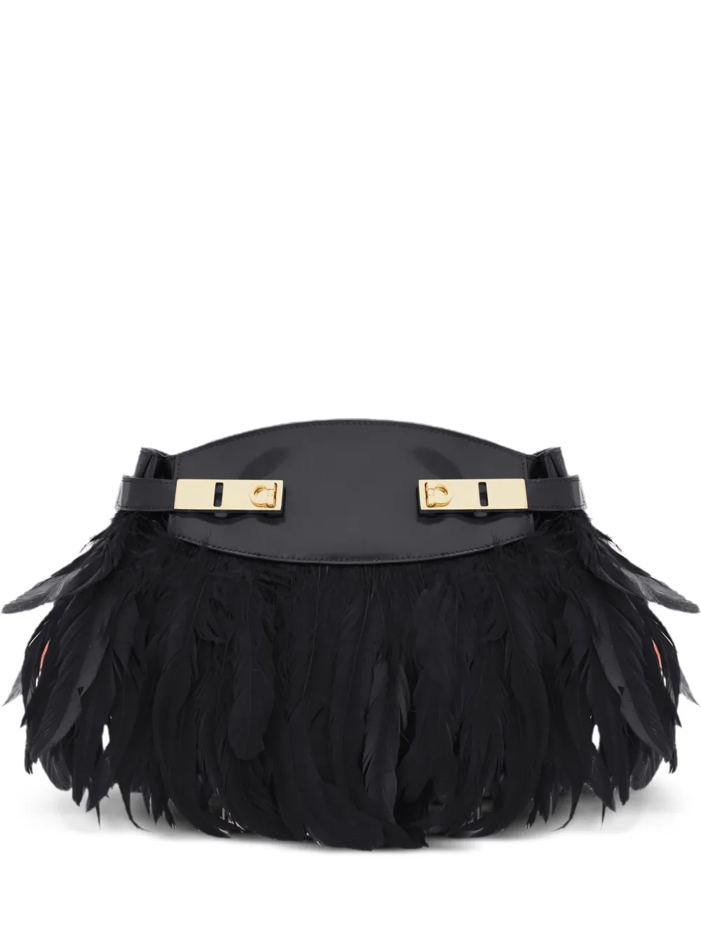 Ferragamo Hug Feather-trimmed Cross Body Bag In Black