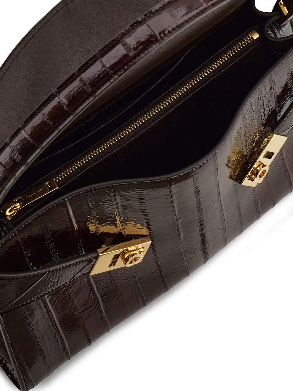 Ferragamo Medium Hug Gancini schoudertas met pailletten en gesp Bruin