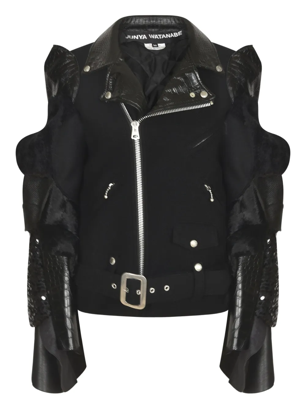 Junya Watanabe ruffled leather-sleeve coat | Black | Image 1