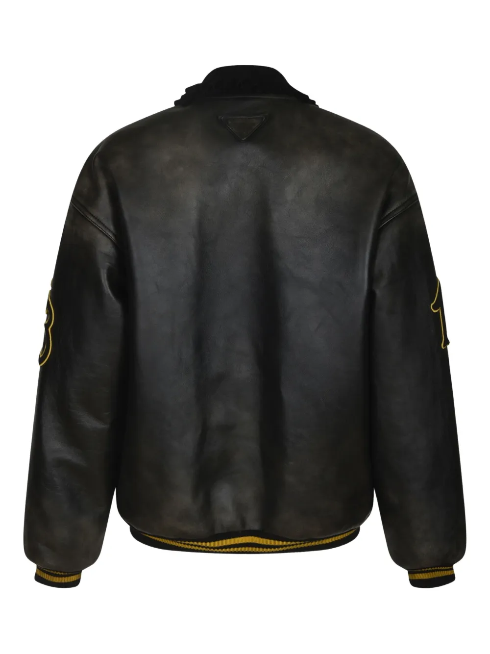 Prada logo-appliqué leather bomber jacket Zwart