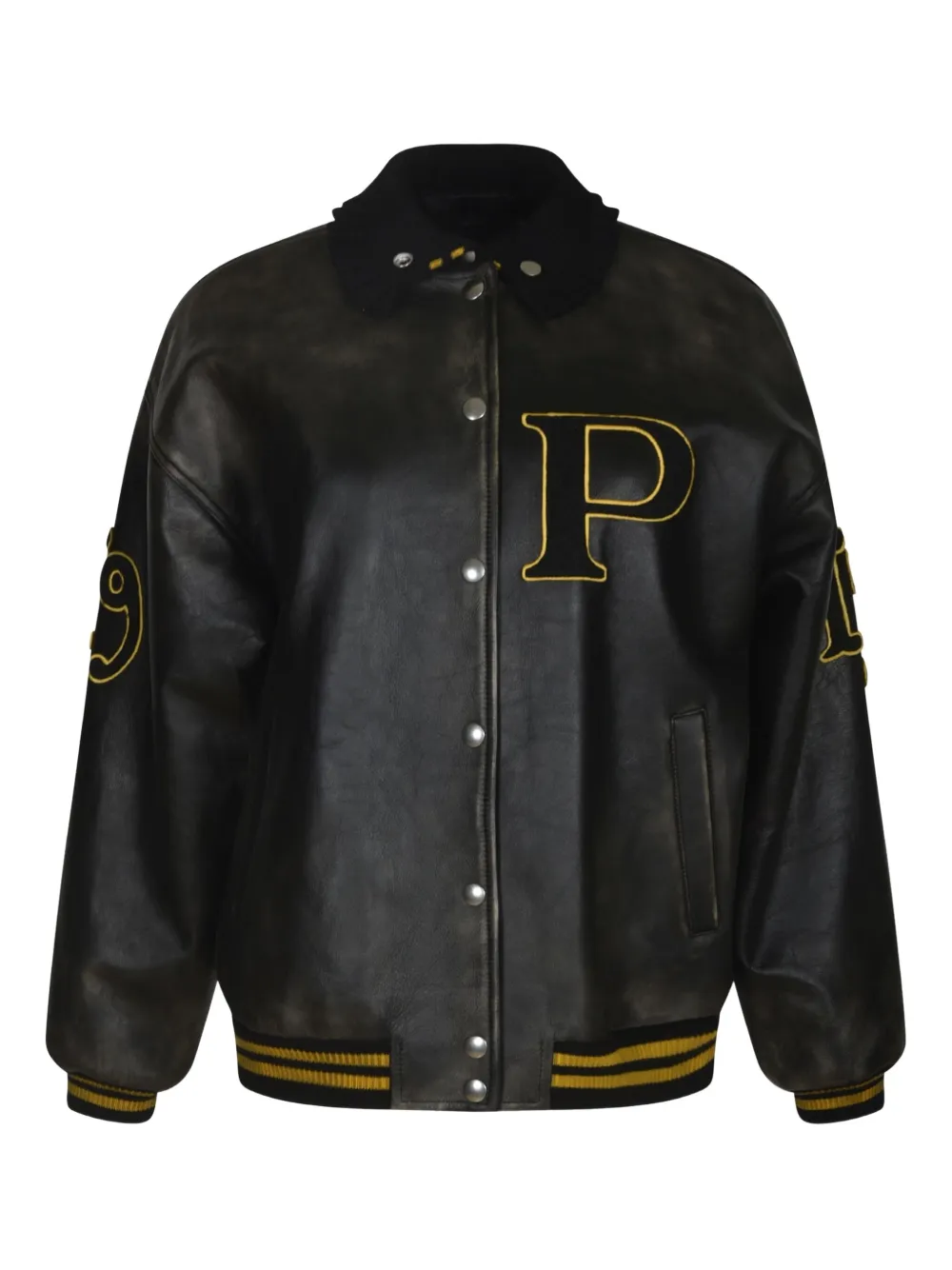 Prada logo-appliqué leather bomber jacket Zwart