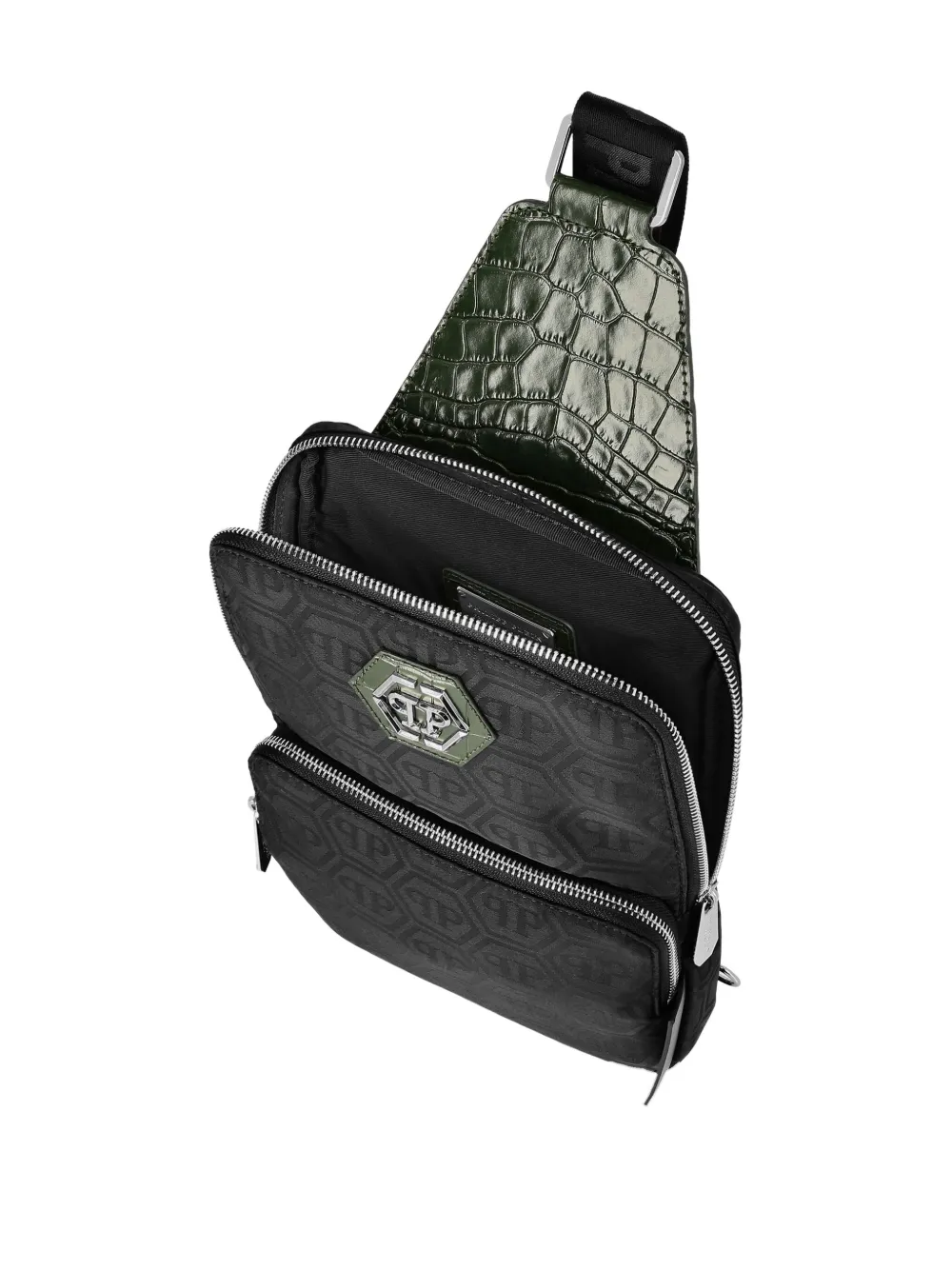 Philipp Plein Monogram-pattern Crocodile-effect Crossbody Bag In Black